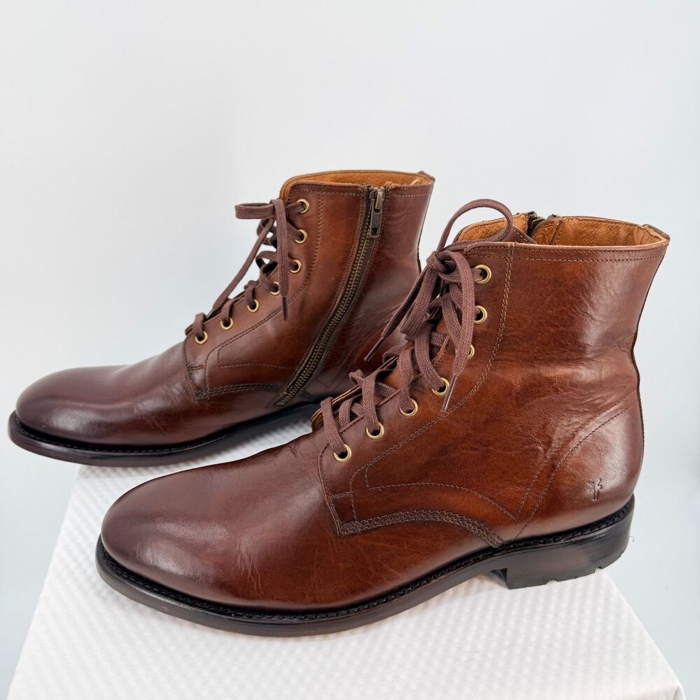 Frye Bowery Mens 11 D Cognac Leather Lace up Boots Side Zip Goodyear Welt